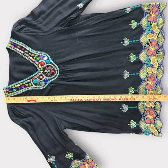 Womens Size‎ 1X Black Floral Embroidered Beaded Dopamine Dressing Hippie Retro - Picture 4 of 10